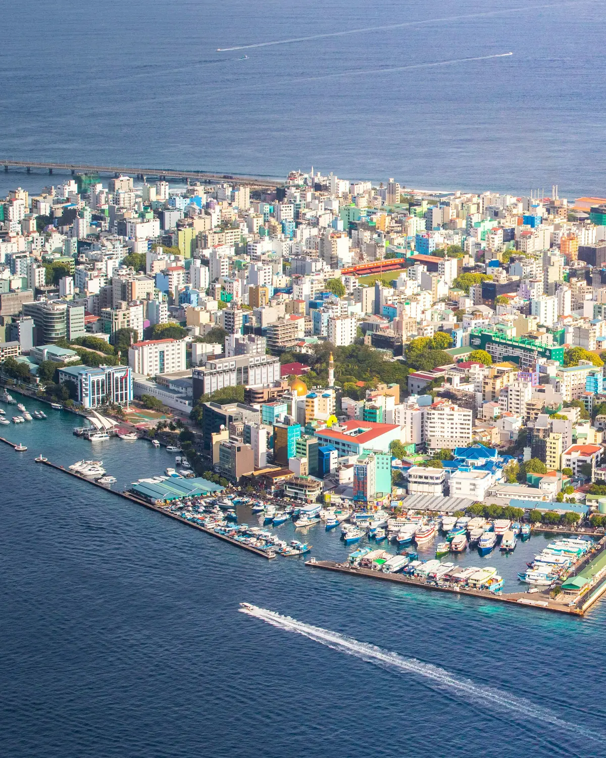 Aerial view of Malé and the surrounding turquoise lagoon