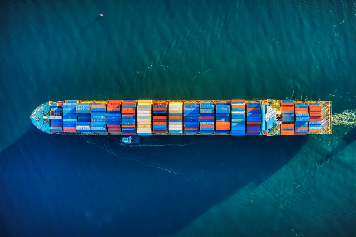 Aerial view of a container ship at sea